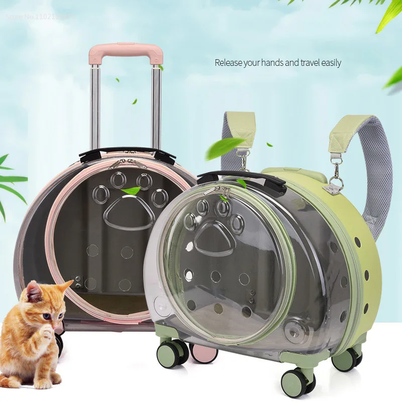 

Clear Cat Suitcase with Wheels Plastic Carrying Transparent Pet Dog Cat Trolley Suitcase Luggage Pet Outdoor Backpack Para Gatos