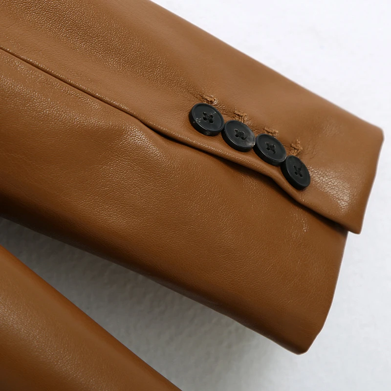 Fashion Notched Brown PU Blazers Women Faux Leather Loose Jackets Elegant Single Button Suits Female Ladies Outwear Mid Length