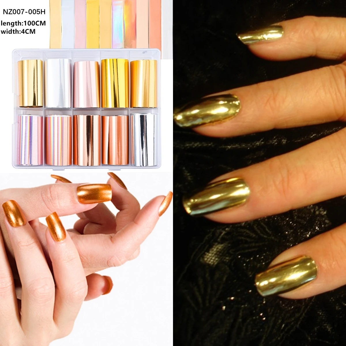 

1 Box(10*4*100CM) Metal Nail Foils for Transfer Paper Sticker Sliders Gold/Silver Metal Neon Stickers Nail Art Decoration NZ007#