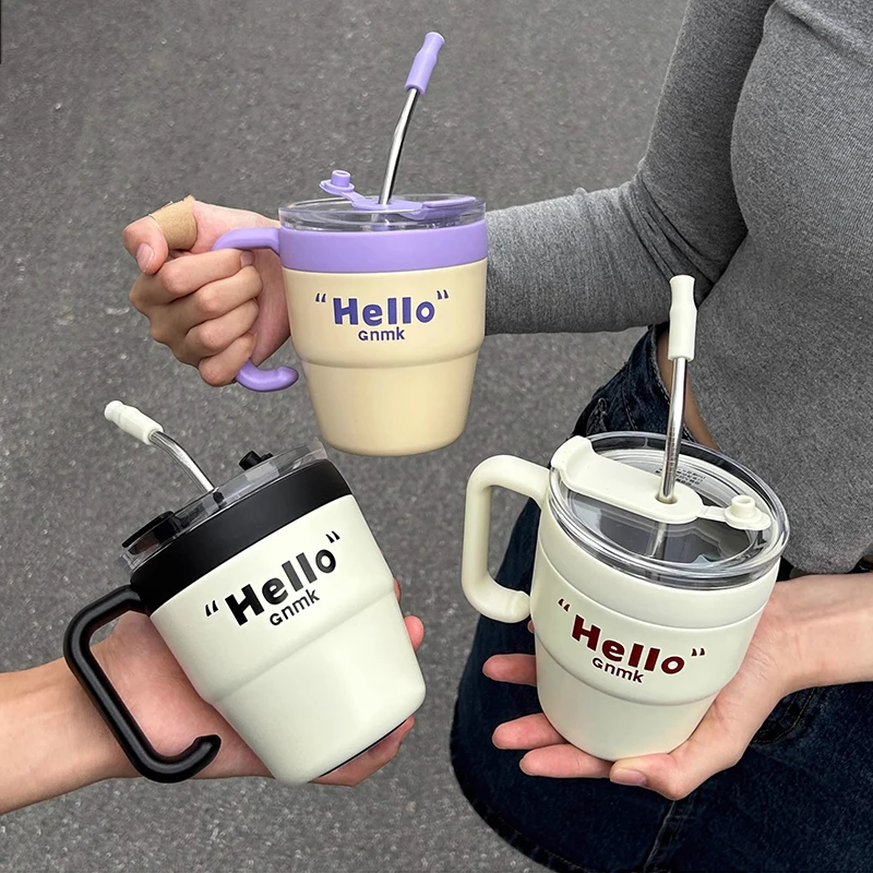 

Cute Korean Coffee Thermal Cup Thermos Mug Stainless Steel Cup With Straw Lid For Hot Cold Drinks Water Tea Milk Portable Bottle