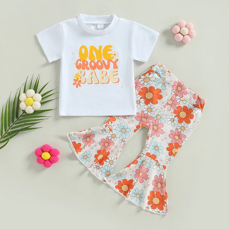 

2023-02-22 Lioraitiin 0-4Years Toddler Girls 2Pcs Summer Outfit Sets White Short Sleeve Letter Print Tops Floral Flared Pants