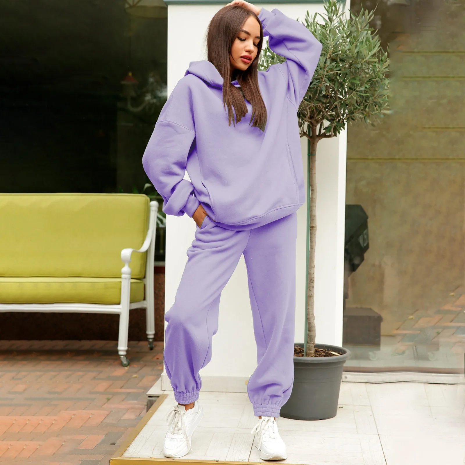 

Loose Sports Trousers Suit Female Warm Streetwear Tracksuit Elastic 2 Pieces Sets Women Hooded Pullover Sweatshirt +Leg Pants