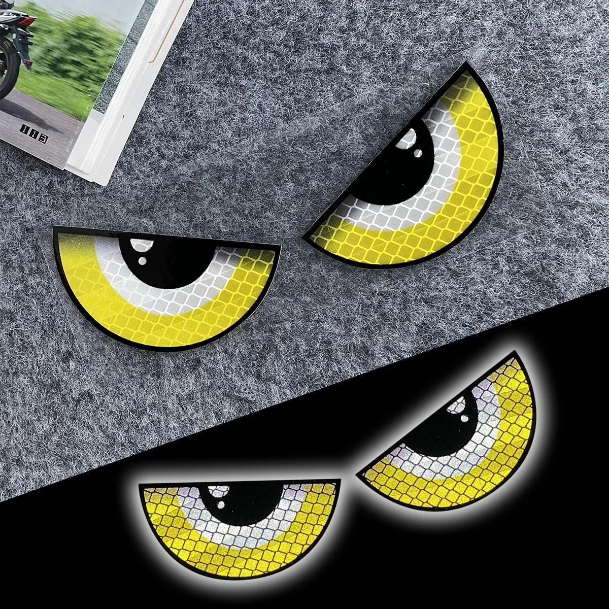 

Светоотражающие предупреждающие наклейки Grin Eyes для безопасности мотоцикла, декор для мотоцикла, велосипеда, скутера, тела, лобового стекла, шлема, заднего ящика, наклейки, аксессуары