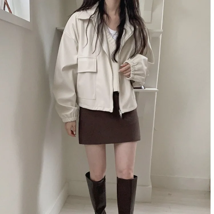 New Women's Stand Collar Zipper Faux Leather Jacket Pu Motorcycle Rider Jacket Lapel Puff Sleeve Loose Streetwear Punk Jacket