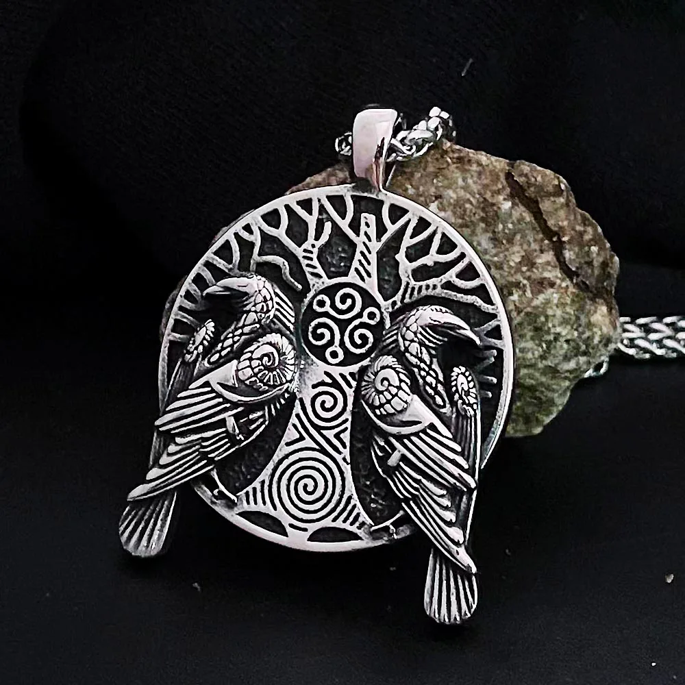 

Vintage Odin Huginn And Muninn Raven Pendant Necklace Stainless Steel Viking Tree of Life Necklace For Men Norse Amulet Jewelry