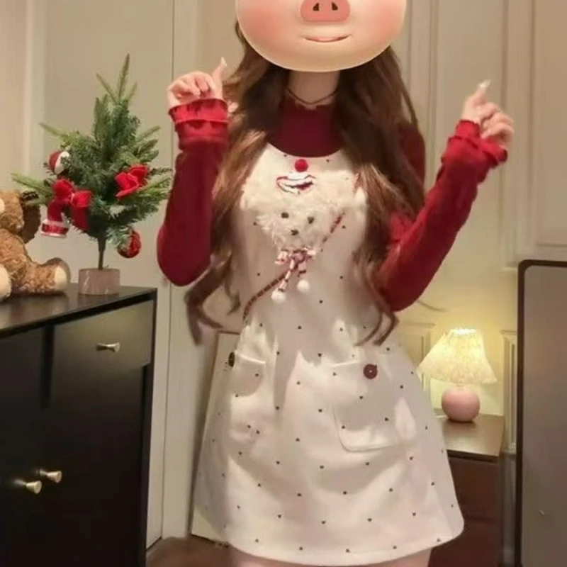 Фото Японские комплекты в стиле Sweet Lolita из 2 предметов: милые красные вязаные топы и платья на бретельках с принтом в горошек и мультяшными собачками, кавайные облегающие наряды в стиле Y2K для женщин №2