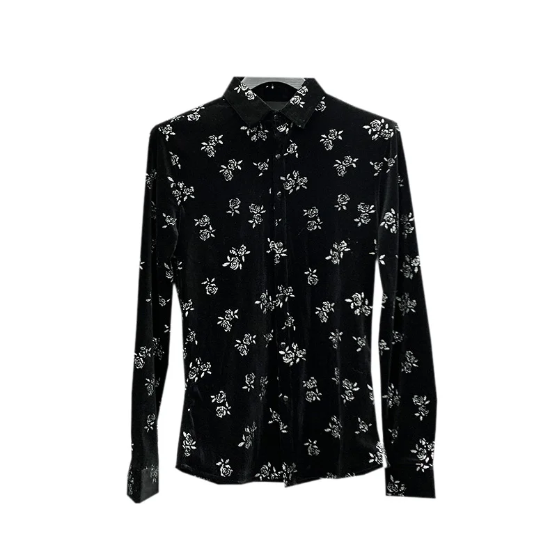 Light Luxury Rose Velvet Men Shirts Autumn Winter Vintage Casual Shirt Loose Streetwear Social Party Male Clothing Homme Chemise