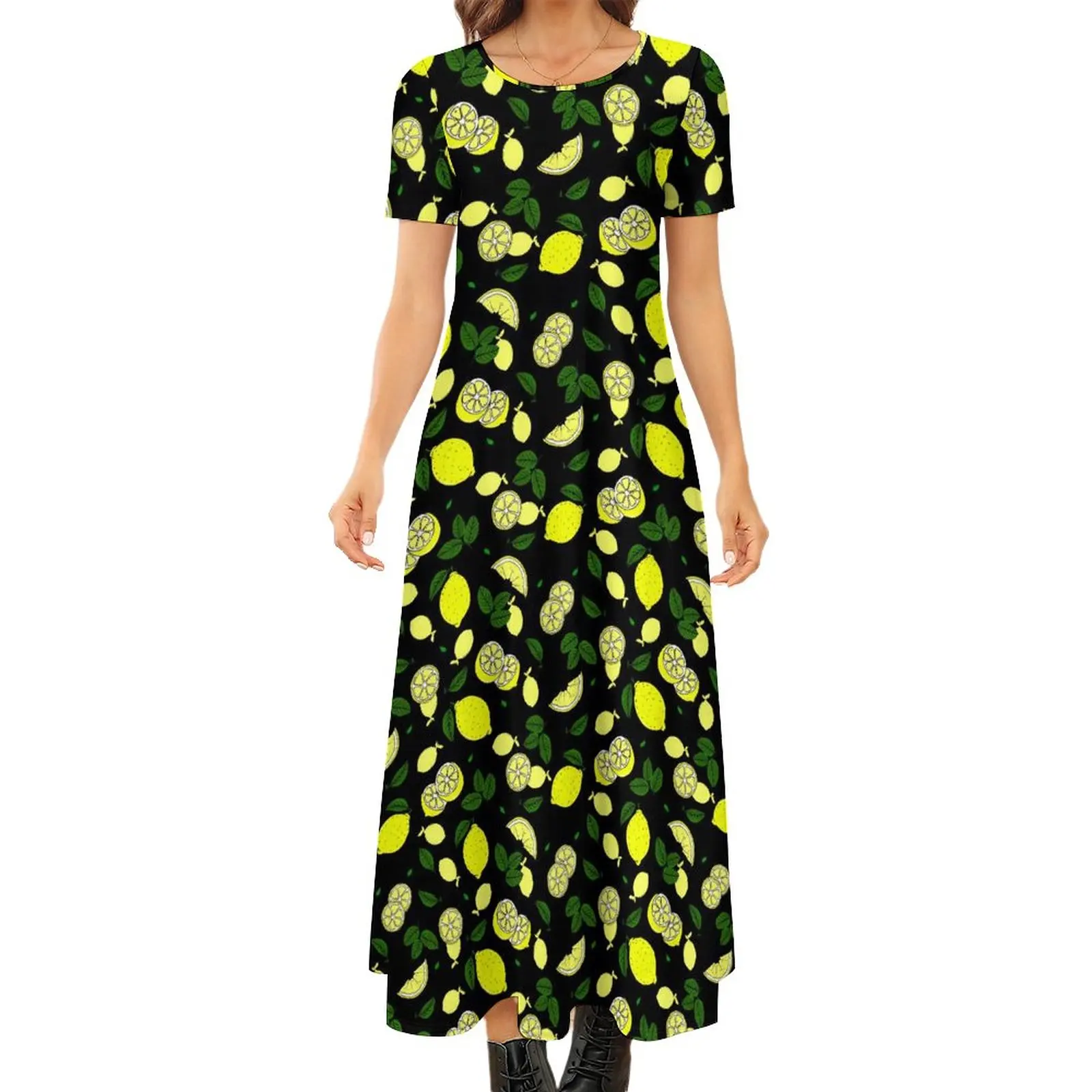 

Платье-Макси женское с принтом лимонов и коротким рукавом
