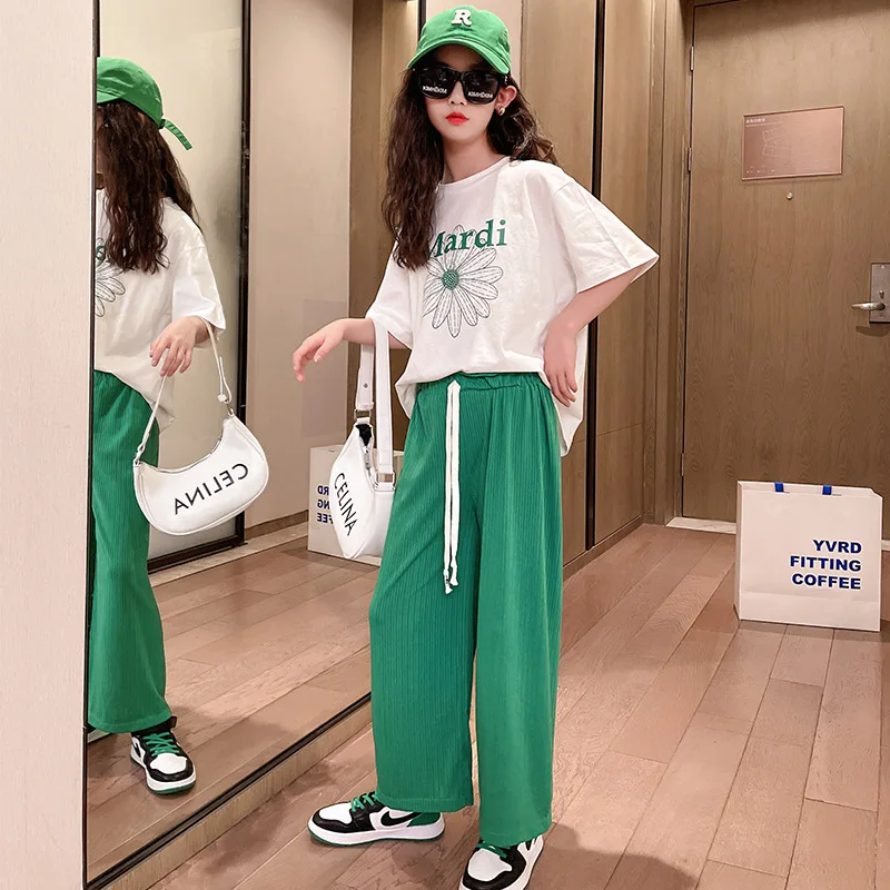 Корейская версия комплект для девочек летняя одежда хлопковая Футболка с