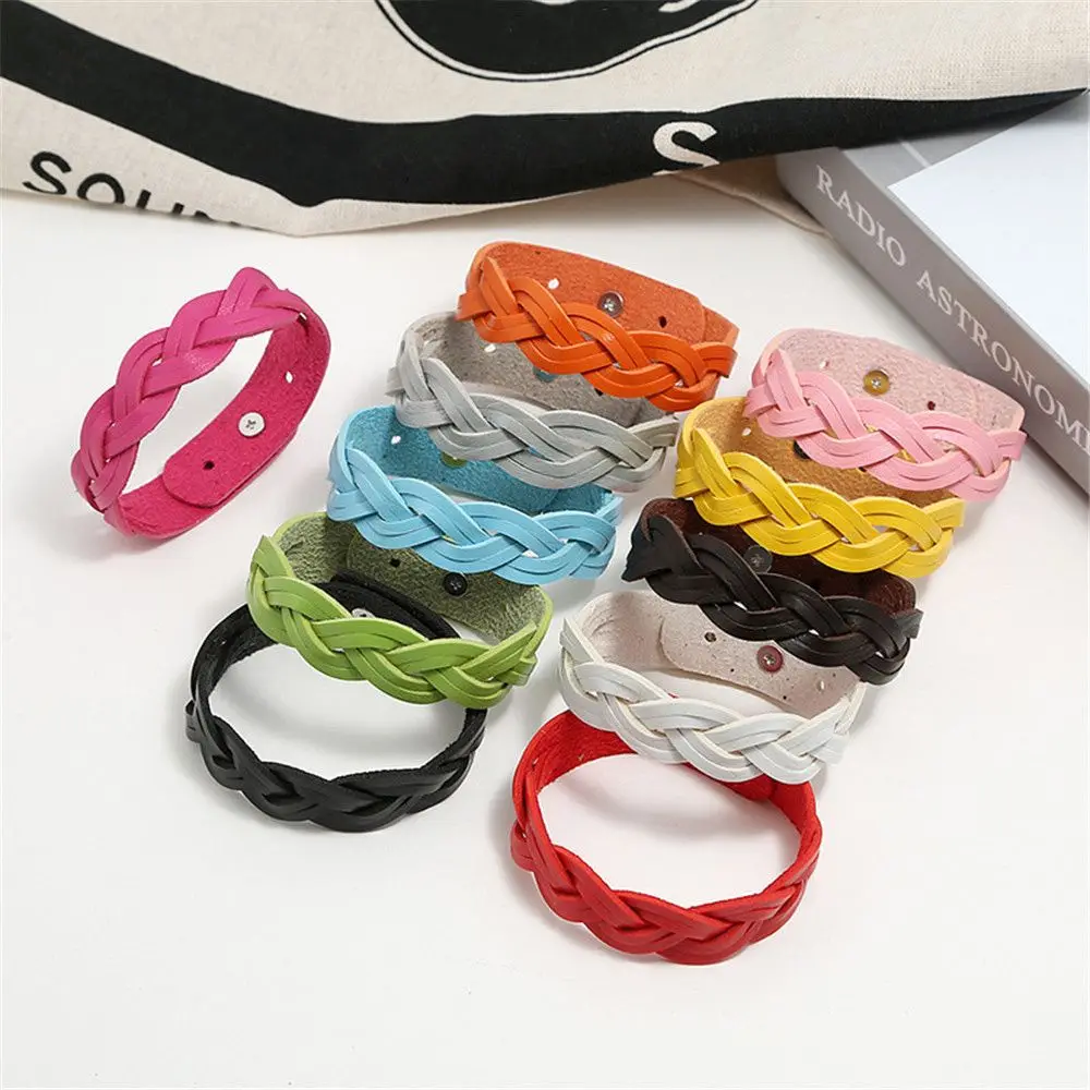

Girls Gift Alloy Buckle Student Bangle Adjustable Braided Twist Punk Snap Bracelet Leather Bracelet Wristband