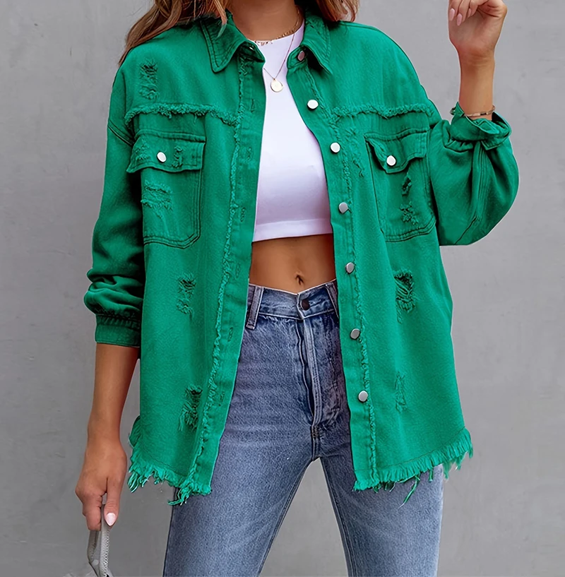 Женская джинсовая куртка повседневная однотонная с длинными рукавами и