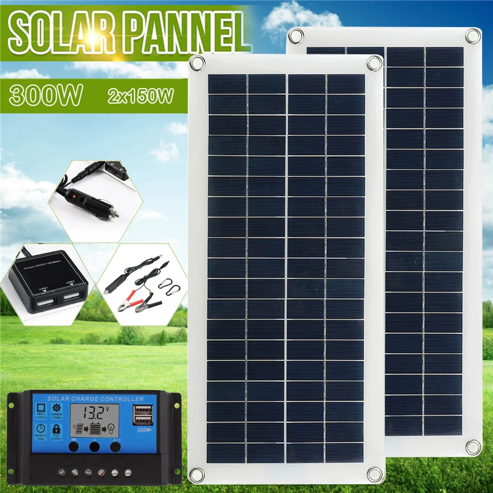 

150W 300W Solar Panel Kit 12V Charge Battery With 30A 60A Controller Module 2 USB Port Cell Battery Power Bank for Phone RV Car