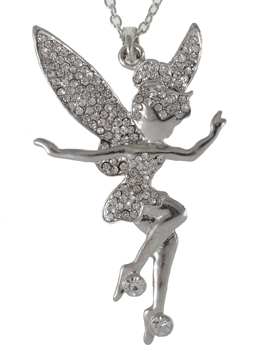 

Nickel Tone Clear Rhinestones Tinkerbell Pixie Fairy Pendant Necklace