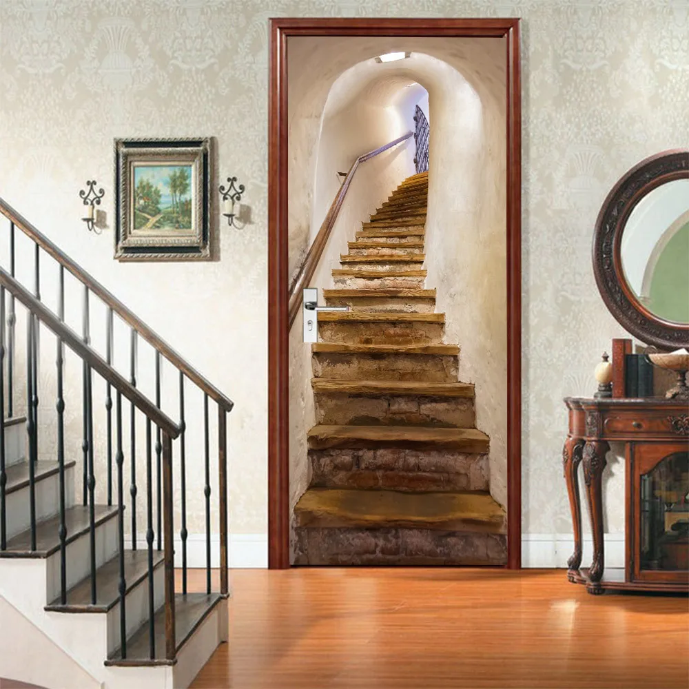 

Vivid 3D Door Sticker PVC Vinyl Self Adhesive Retro Staircase Creative Wallpaper Stairs Door Decoration Poster Mural 77x200cm