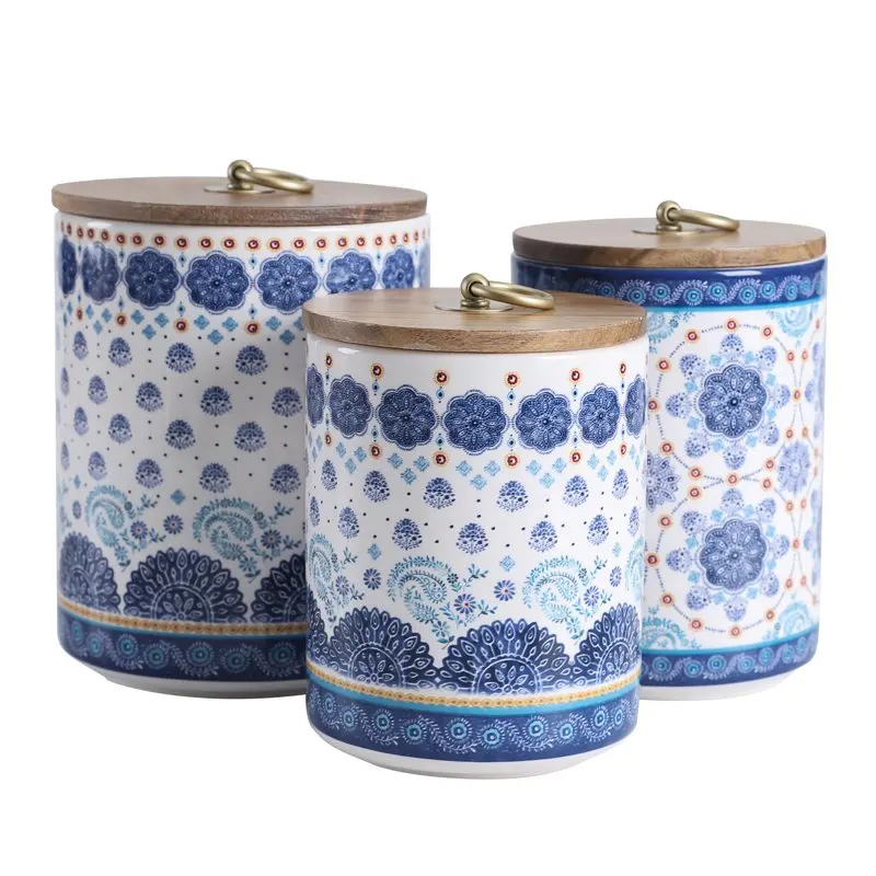 

Bico Talavera Ceramic Canister Set of 3 for Kitchen Counter, 62oz, 40oz, 32oz each, with Wooden Air Tight Lid, Food Storage Jar