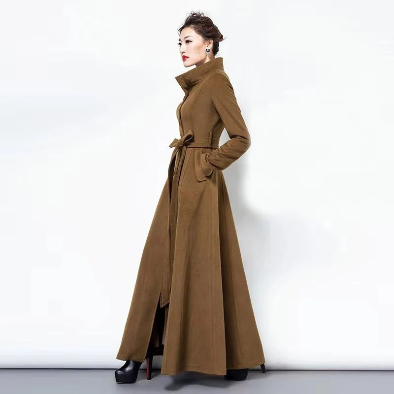 

Женское шерстяное пальто средней длины, однотонное облегающее пальто с поясом, Осень-зима