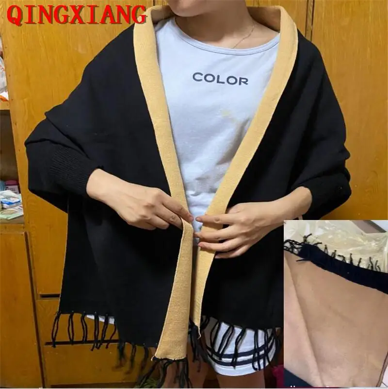 

New Colors Black Women Outstreet Loose Knitwear Capes Solid Autumn Winter Knitted Batwing Sleeves Long Poncho Female Tassel Coat
