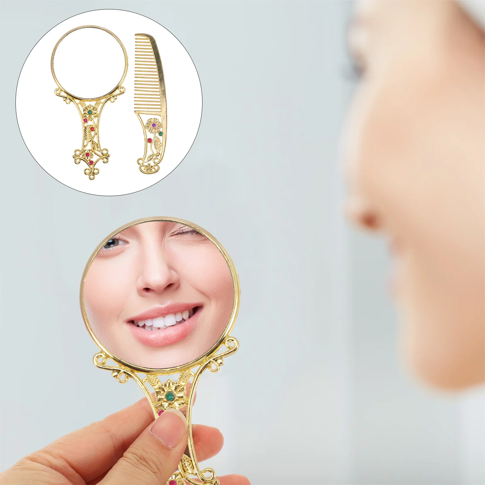 

Mirror Hand Set Vintage Combhandheldbrush Womenmakeup Metalhandle Pocket Round Vanity Retro Small Travel Brass Rustic Mirrors