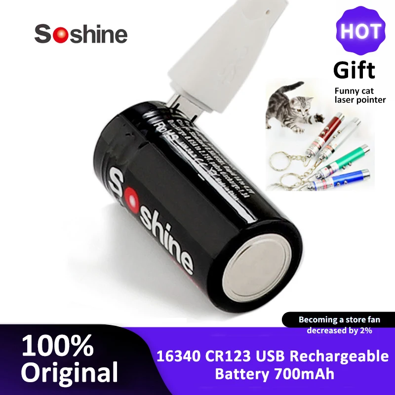 

1PCS Soshine 3.7V CR123 CR123A 700mAh ICR 16340 Lithium Battery USB Rechargeable with Battery Case For Laser Flashlight Vape