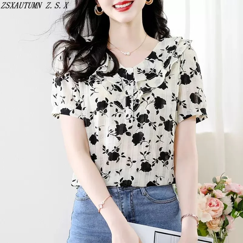

Korean Female Clothes Summer Fashion V Neck Loose Top Fine Elegant Blouses Women All Match Vintage Casual Printed Floral Shirt
