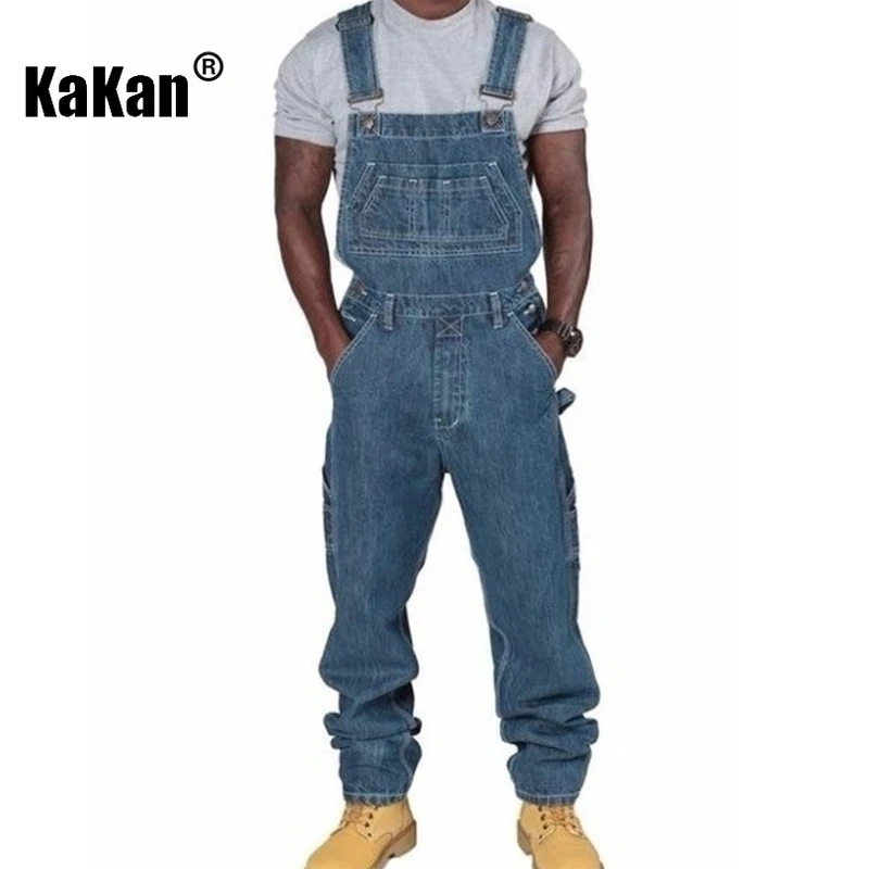 Kakan - European and American New Versatile One Piece Strap Jeans for Men, Simple Multi Pocket Loose Fit Jeans K54-Q003