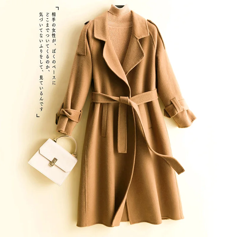 

Double-sided cashmere coat, women's shoulder badge, belt, lazy wind, woolen coat, 2023 new medium length, loose wool, thin coat