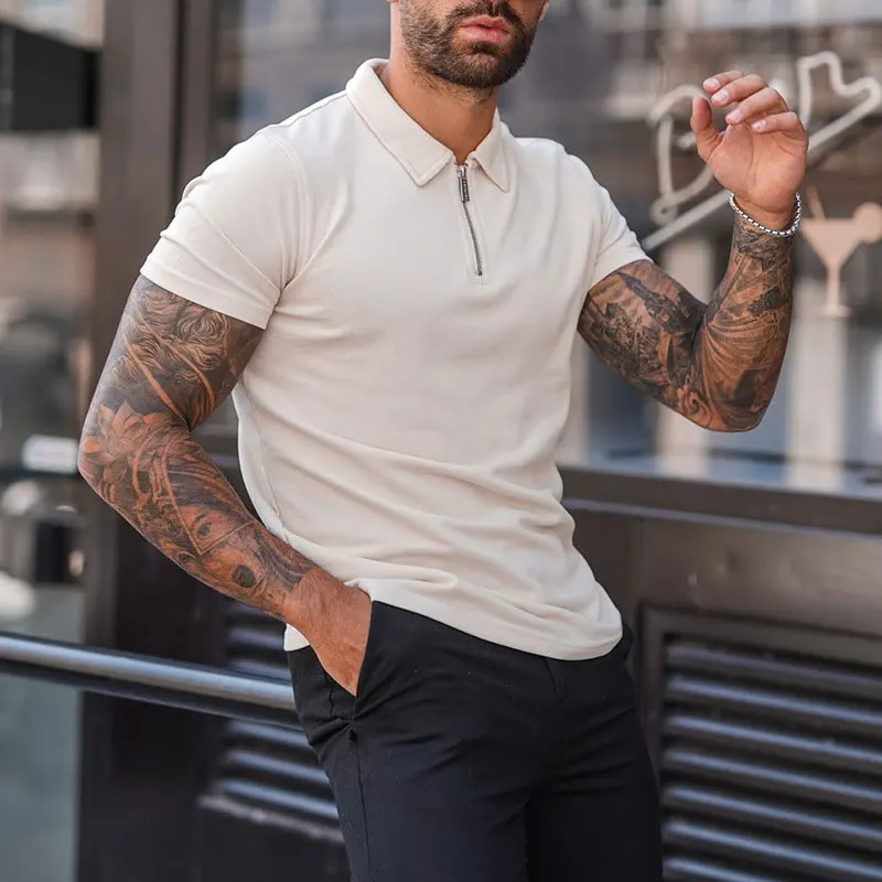 Рубашка-поло мужская с коротким рукавом уличная одежда на молнии в стиле ретро