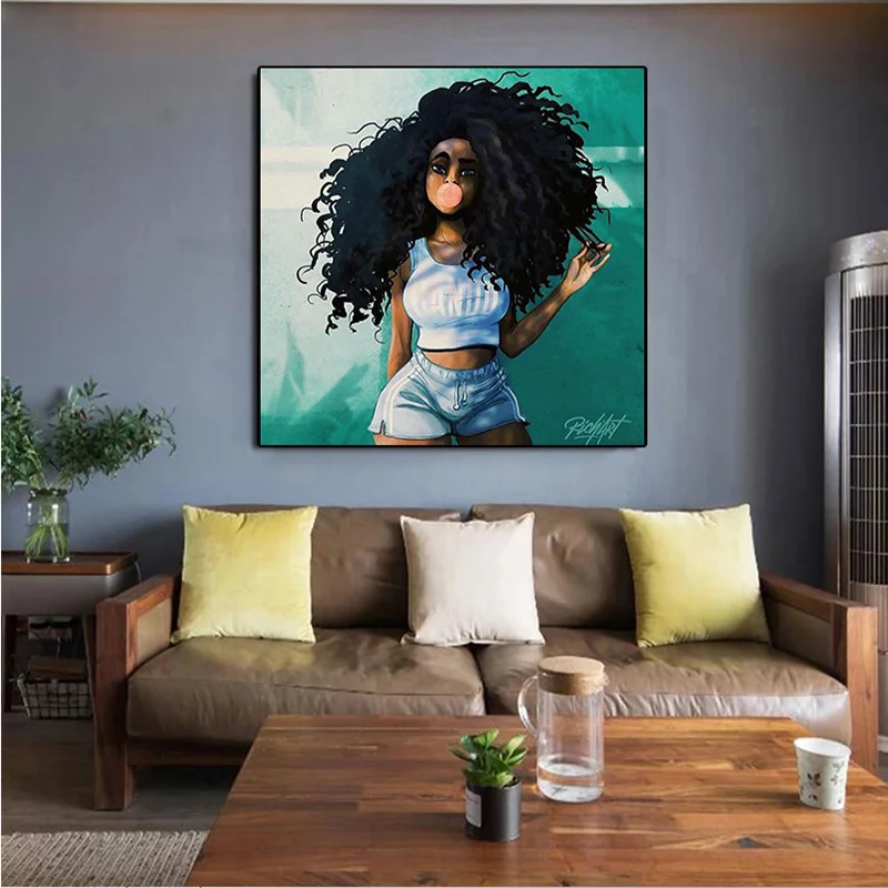 Винтажная Картина на холсте Девушка с пузырьками и натуральными вьющимися