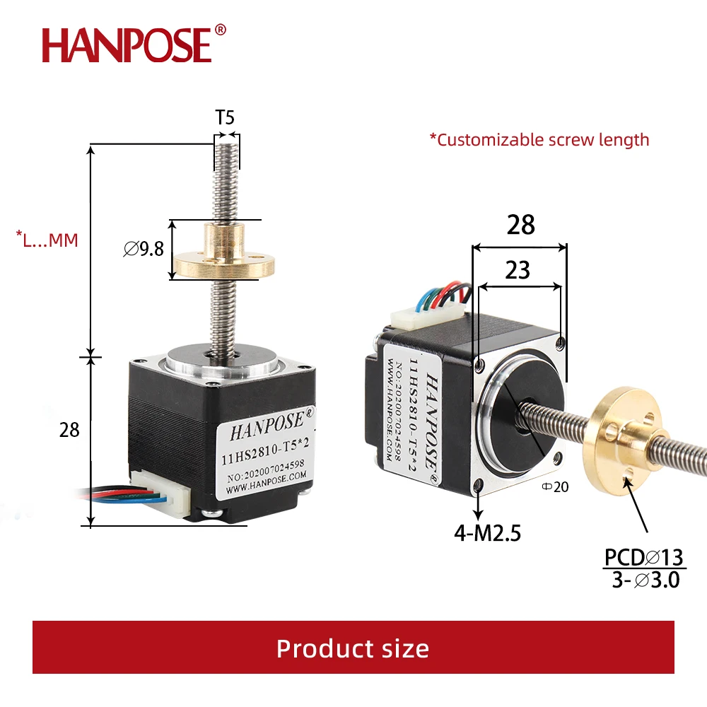 28-винтовой шаговый двигатель NEMA11 Т-образный с винтовым стержнем 11HS2810-T5*2 длина