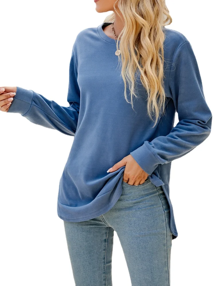 

Spring Autumn Women Casual Long Sleeve Round Neck Irregular Split Hem Solid T-shirt Tops Fashion Ladies Loose Sweatshirts