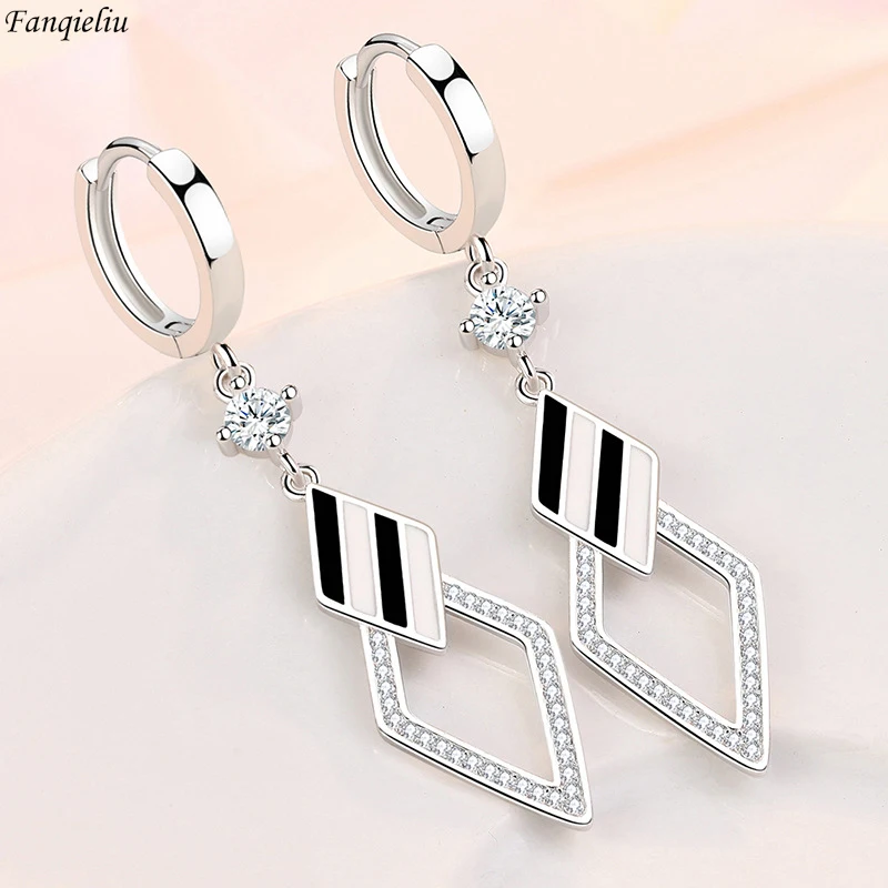 

Fanqieliu Stamp 925 Silver Needle White Black Rhombus CZ Zircon Drop Earrings For Woman New Jewelry Girl Gift Trendy FQL21487