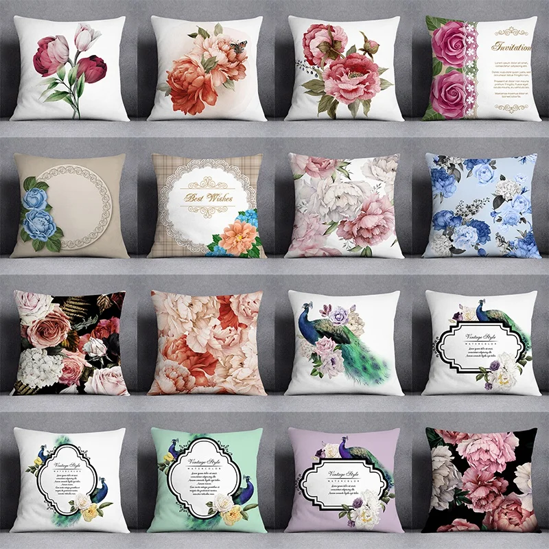 

45x45cm Polyester Square Decorative Pillowcase Rose Pattern Living Room Sofa Cushion