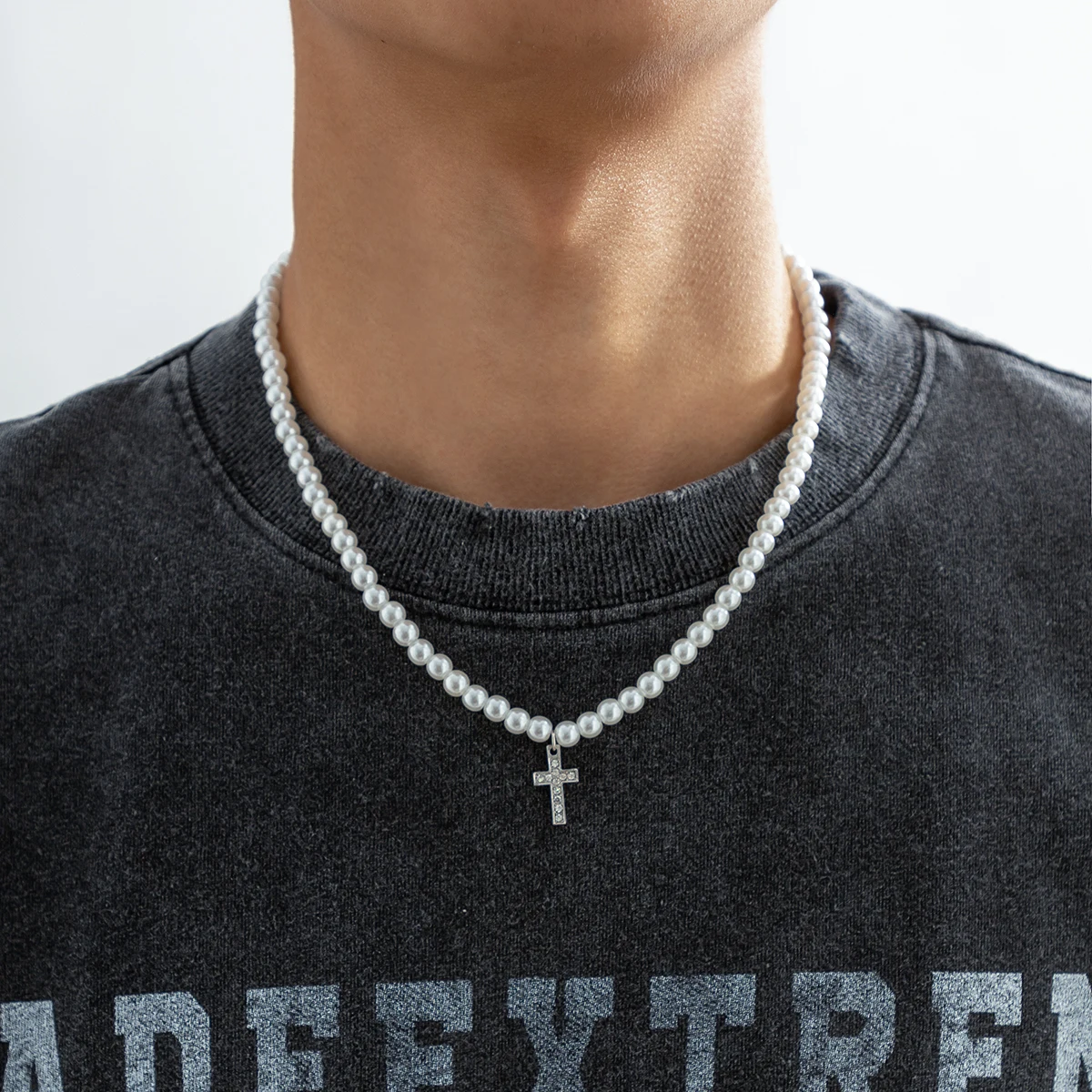 

IngeSight.Z Simple Rhinestone Cross Pendant Necklace For Men Women Vintage Simulated Pearls Beads Choker Necklace Jewelry