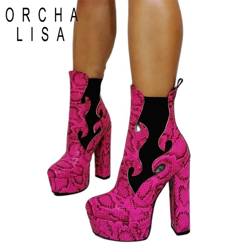 

ORCHALISA Boots female women shoes Women Ankle Platform Boots Elastic Band Snake Print Block High Heels Boots Big Size 47 F1560