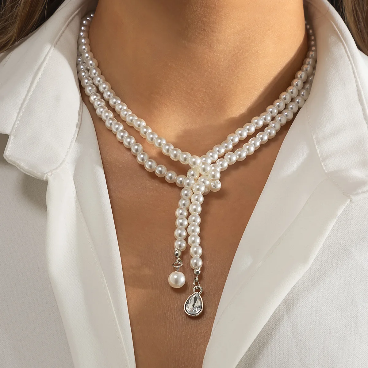 

Vintage Imitation Pearl Drop Diamond Pendant Necklace Clavicle Collar Beaded Braided Double Chains for Women Fashion Jewelry