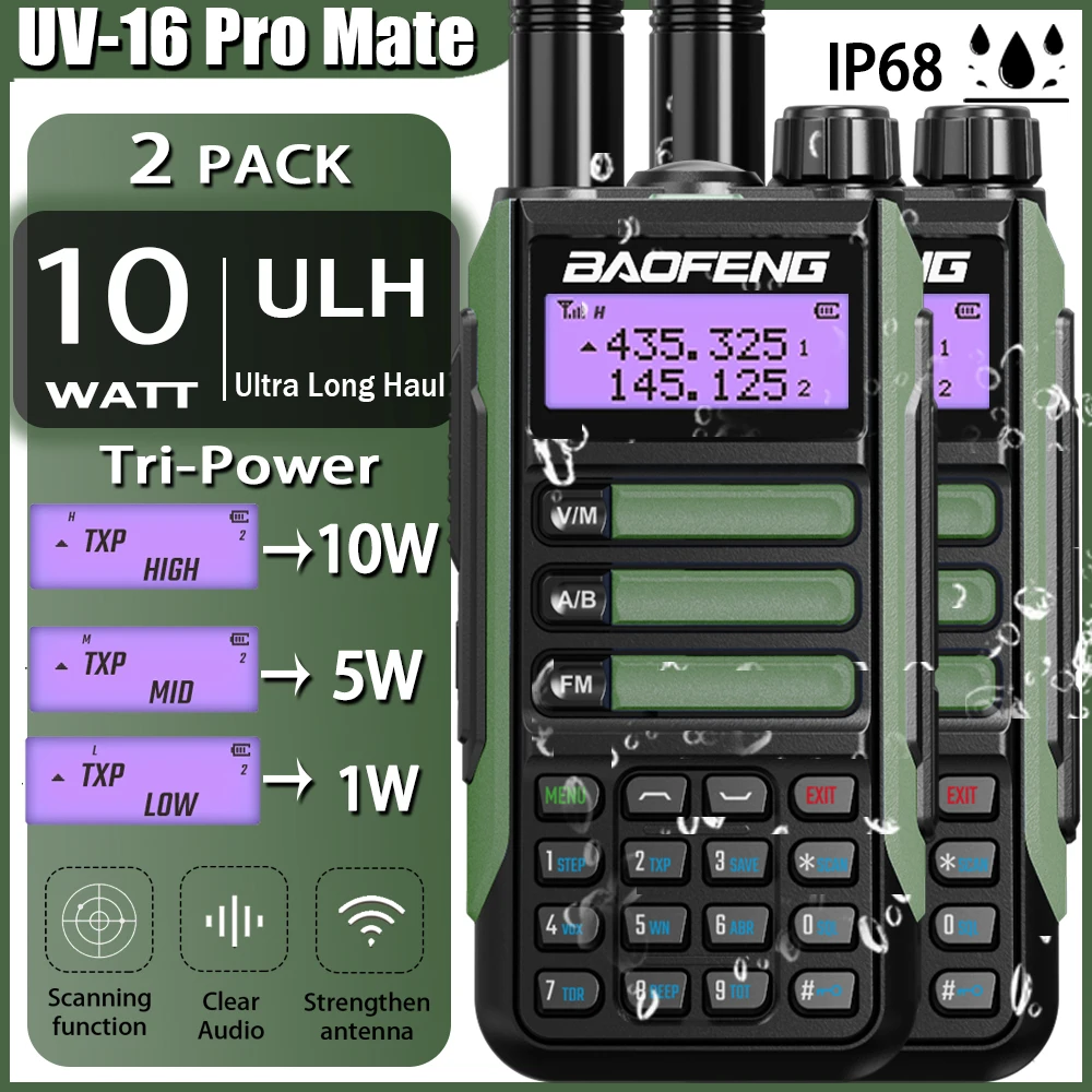 2Pack Baofeng UV-16 Pro Mate True High Power 10 Watts Walkie Talkie Ultra Long Haul Dual Band Two Way Radio CB Hunting UV16