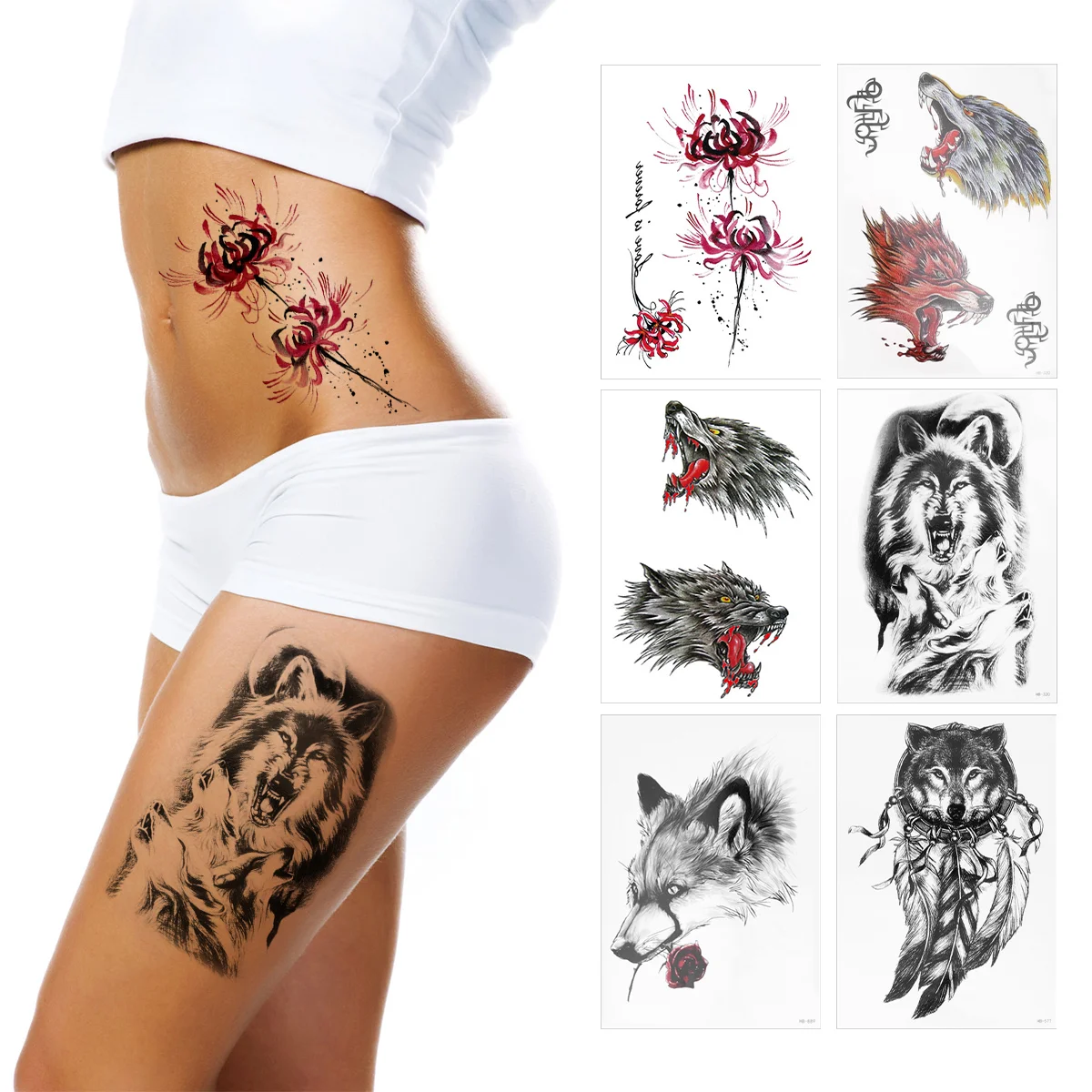 

6 pcs Party Favors Tattoos Sketch Tattoos Stickers Black Tattoos Stickers Realistic Wolf Tattoos Stickers