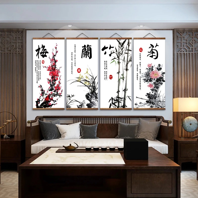 

MT0002 Chinese Style Plum orchid bamboo chrysanthemum Decorative Wall Art Canvas Posters Solid Wood Scroll Paintings