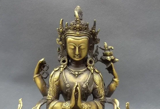 9-дюймовая тибетская бронзовая буддийская богиня Кван-Инь статуя лотоса 4 руки