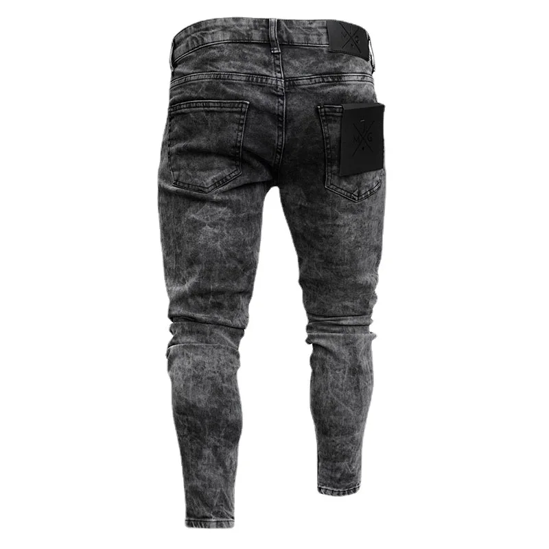 Festival Is Not Closing  Europe and America Cross Border Slim Fit Ripped Fashion Black Leg Opening Zipper Skinny Jeans Men's Tro