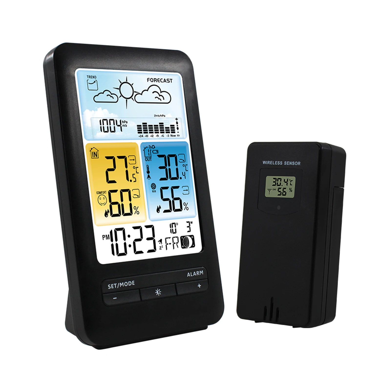 

LCD Weather Station Alarm Clock with Snooze Temperature Humidity Monitor Thermohygrometer Date/ Week/ Moon Phase/ Comfort Level