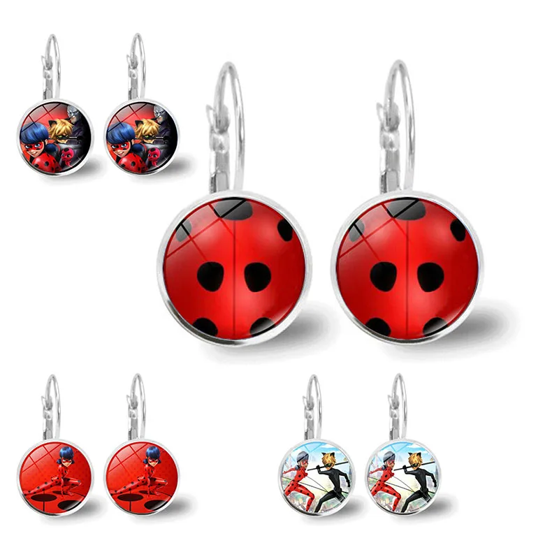 

Anime Jewelry Ladybug Earrings Black Point Ear Clip Earrings Cosplay Glass Pendant Circle And Girls Party