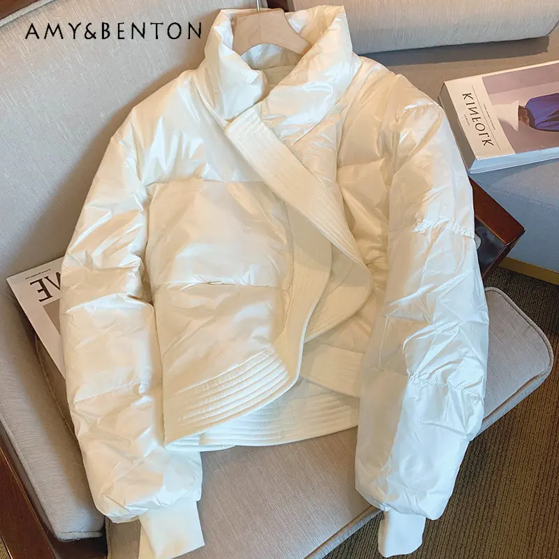 

Women's Design Sense Short Model White Color Parkas Glossy Thickened Cotton Padded Coat Autumn and Winter New Warm Coat Ladies