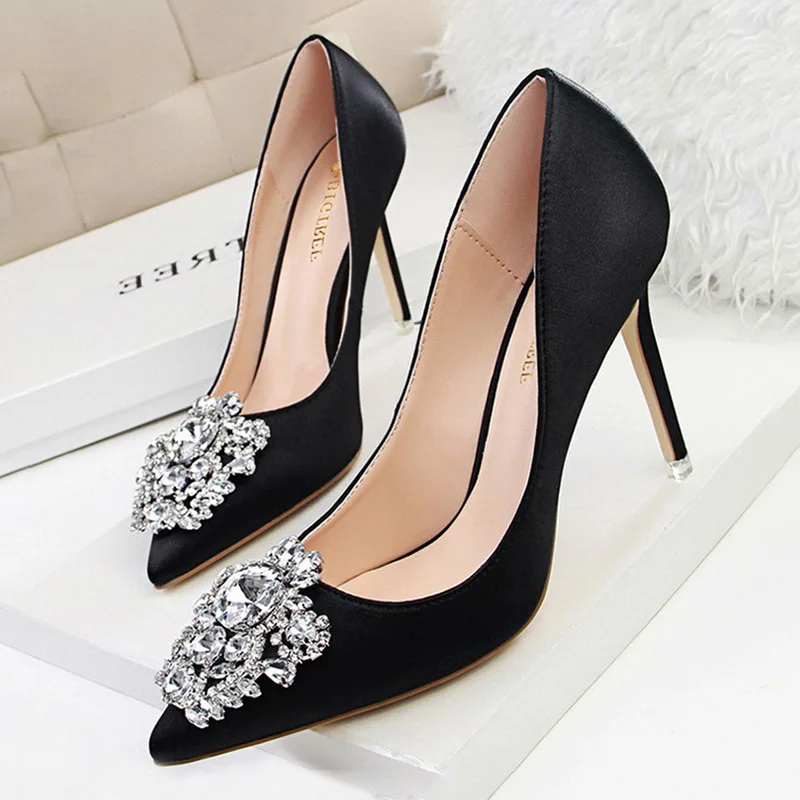 CINESSD Silver Gray Black Women Bridal Wedding Shoes Faux Silk Satin Rhinestone Crystal Shallow Woman Pumps Stiletto High Heel