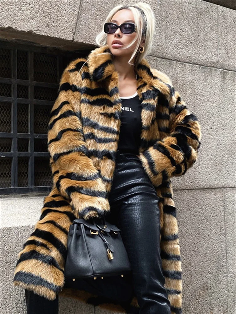 Tiger Stripe Fur Coat Long 2022 Autumn Winter New Fashion Loose Streetwear Lapel Long Sleeve Faux Fur Jackets Female Clothing