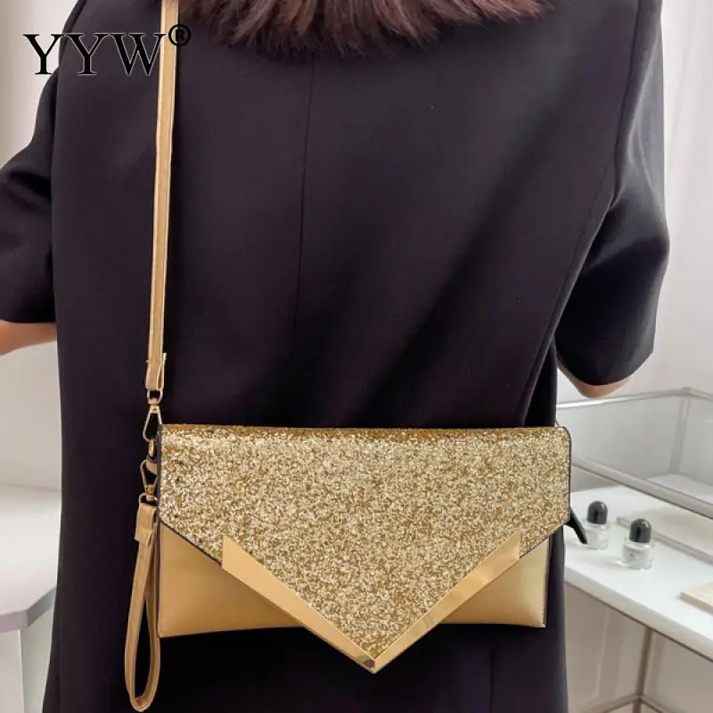 Fashion Glitter Sequins Envelope Evening Party Bag PU Leather Clutch Messenger Wallet Purse for Women Wristlet Shoulder Handbag