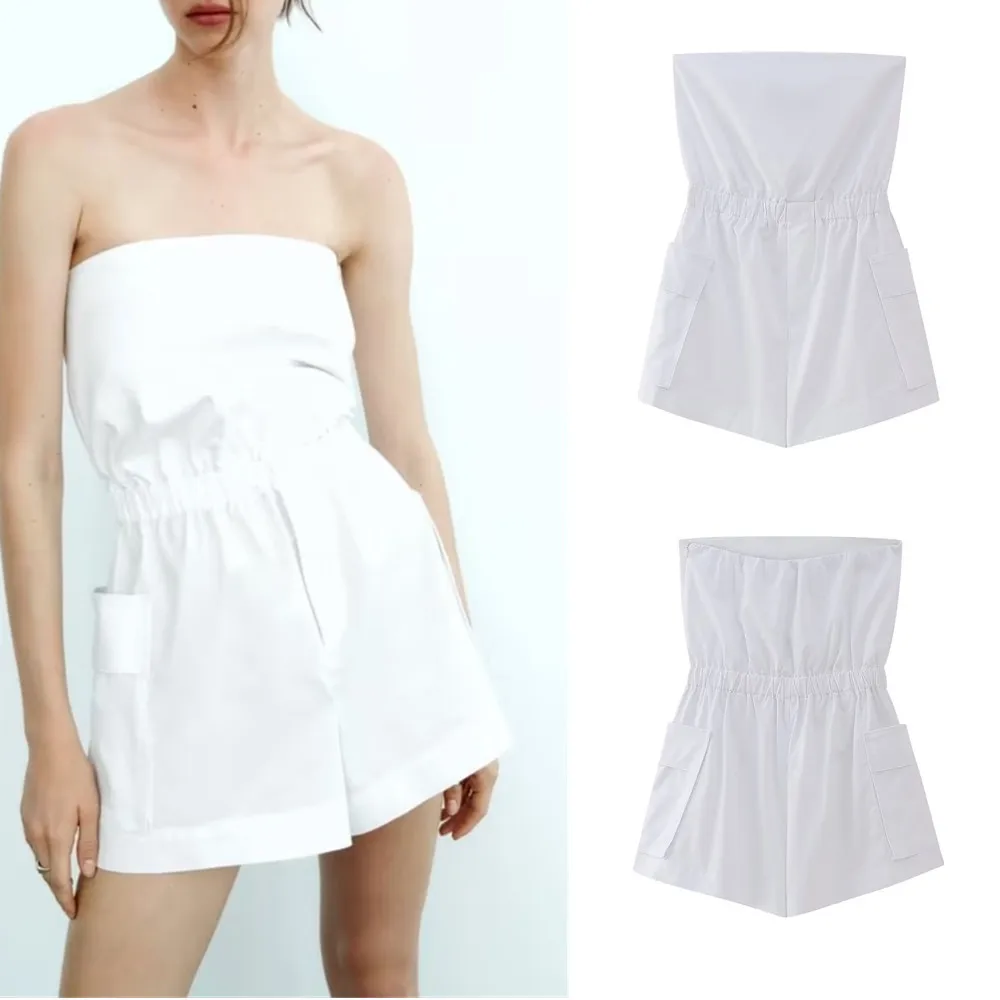 

COS LRIS 2023 summer new wide-leg pants a-line high waist fashion tube top windbreaker fabric short jumpsuit 3345210