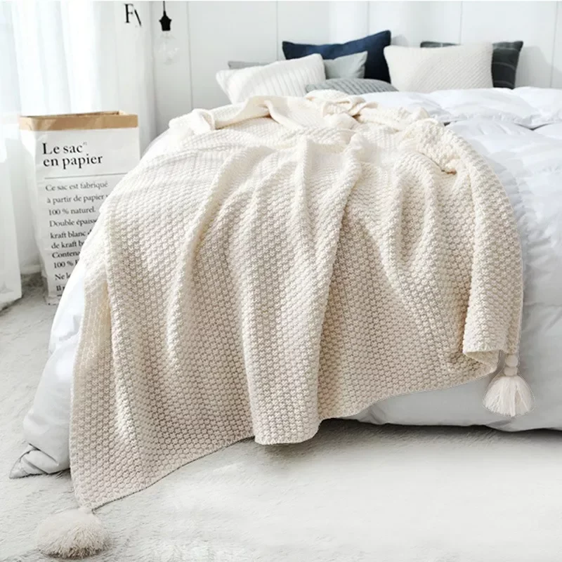 

2022Knitted Sofa Blanket Soft Throw Blanket Pure Color Sofa Towels with Tassel Office Nap Shawl Leisure Air Conditioning Manta