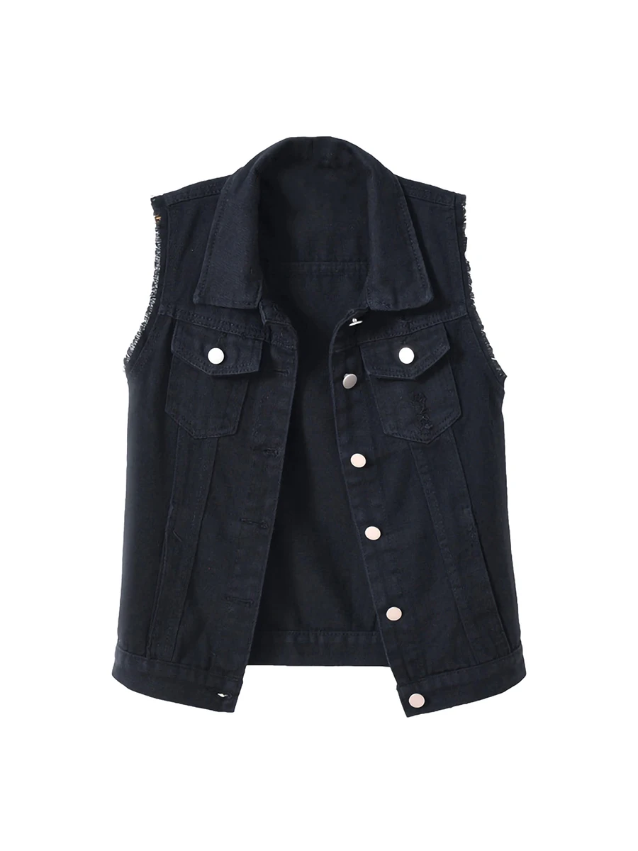 

Women Sleevelees Denim Jacket Solid Color Turn-Down Collar Button Down Frayed Hem Jean Vest