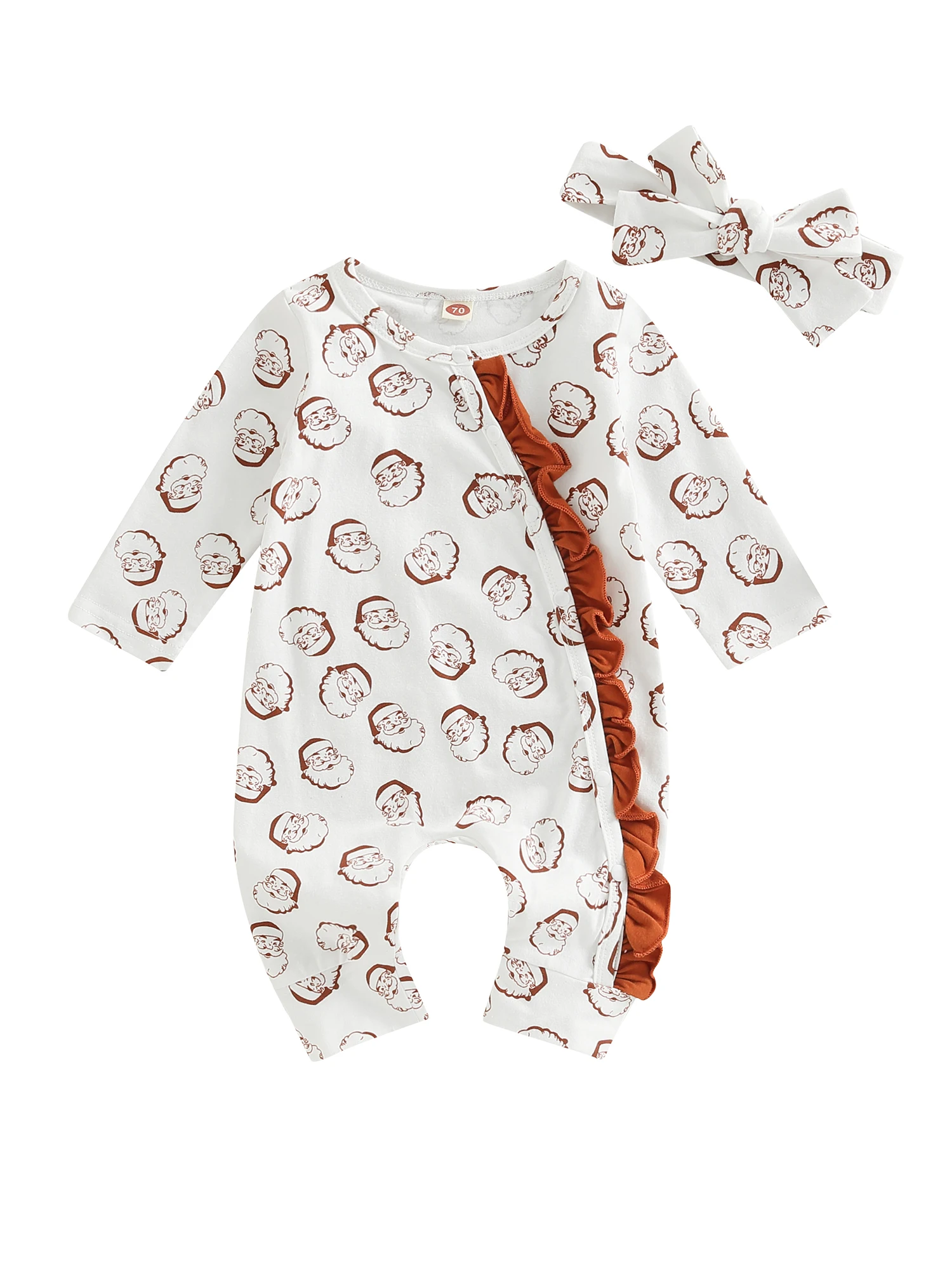 

Christmas Infant Baby Girl Romper Long Sleeve Santa Print Ruffle Fall Winter Jumpsuit Headband